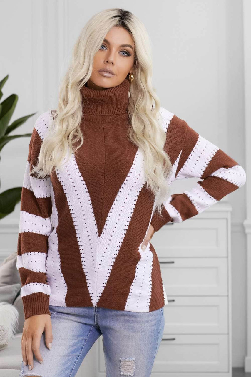 Brown Striped Color Block Turtleneck Knitted Sweater