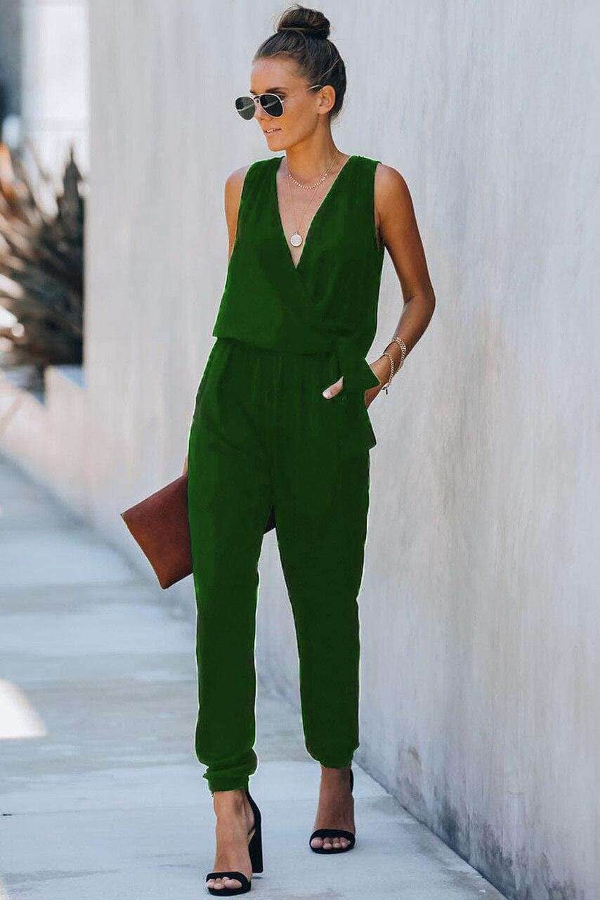 Green Deep V-neck Sleeveless Solid Jumpsuit