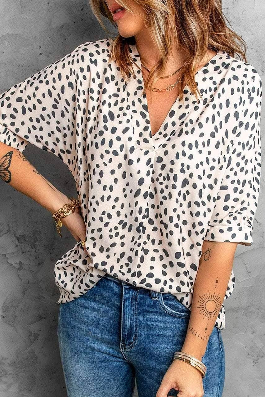 Brown Chloe Animal Print V-neck Rolled Sleeve Tunic Top Brown Chloe Animal Print V-neck Rolled Sleeve Tunic Top