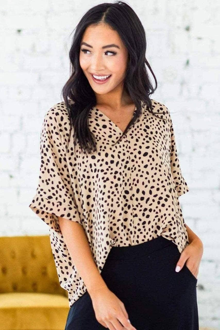 Brown Chloe Animal Print V-neck Rolled Sleeve Tunic Top Brown Chloe Animal Print V-neck Rolled Sleeve Tunic Top