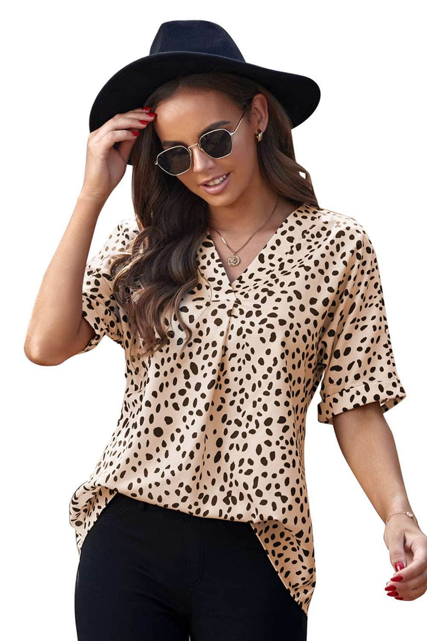 Brown Chloe Animal Print V-neck Rolled Sleeve Tunic Top