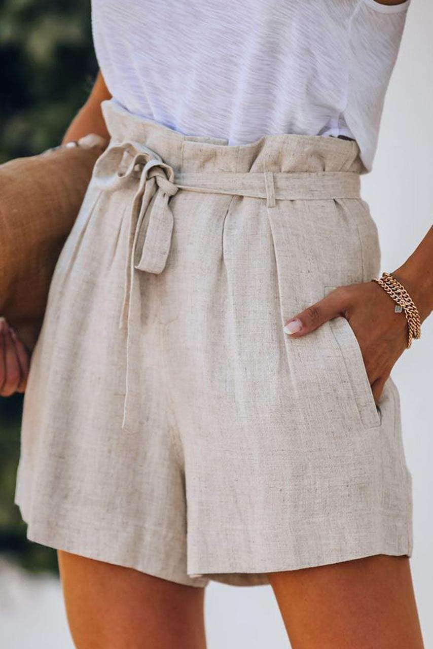 Beige Tie Waist Casual Shorts with Pockets