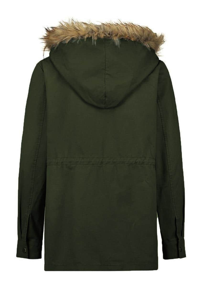 Green Zipper Snaps Pocket Plush Hooded Parka Jacket