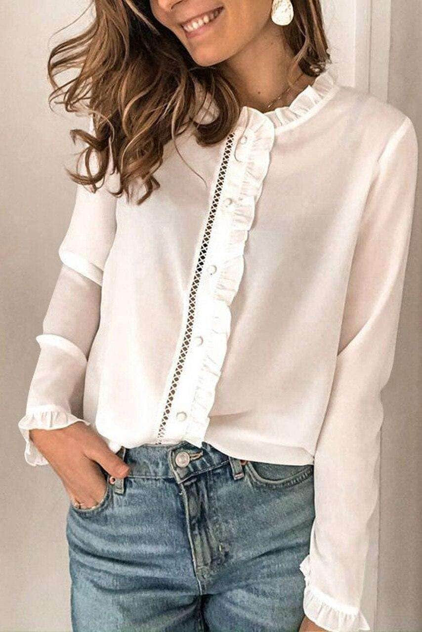 White Frilled Neckline Buttoned French Shirt