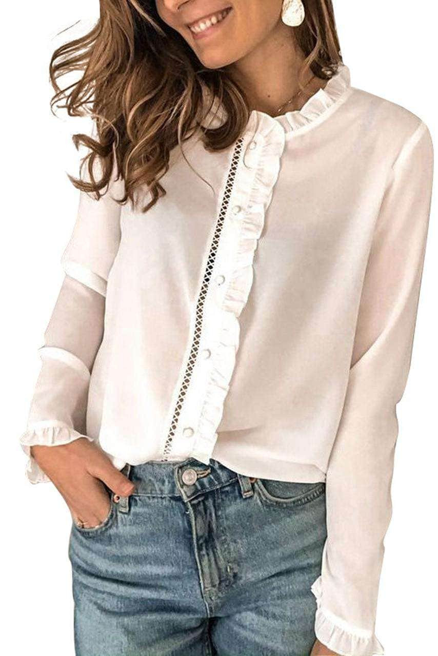 White Frilled Neckline Buttoned French Shirt