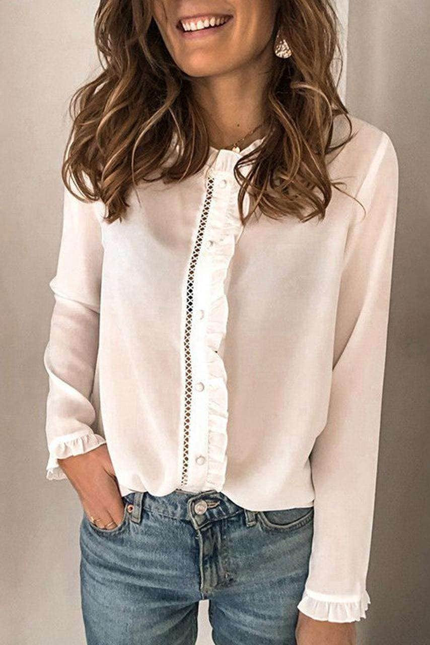 White Frilled Neckline Buttoned French Shirt