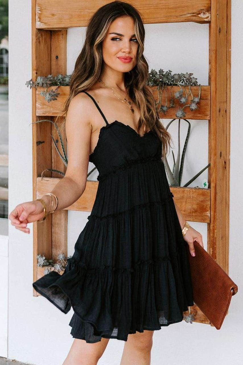 Black Spaghetti Straps Ruched Ruffled Mini Dress