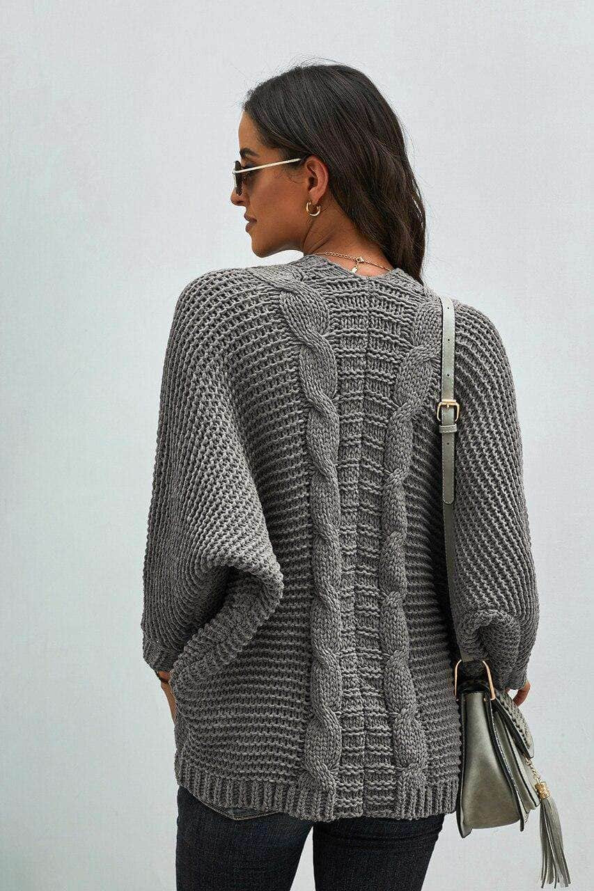 Gray Chunky Knit Solid Cardigan with Pocket