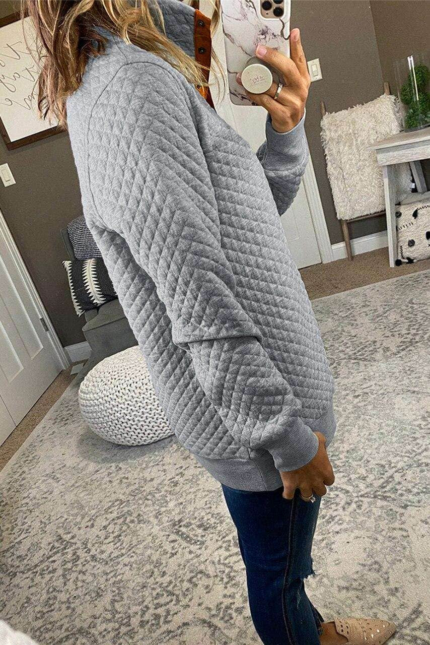 Gray Quilted Snaps Stand Neck Pullover Sweatshirt with Fake Front Pocket Gray Quilted Snaps Stand Neck Pullover Sweatshirt with Fake Front Pocket