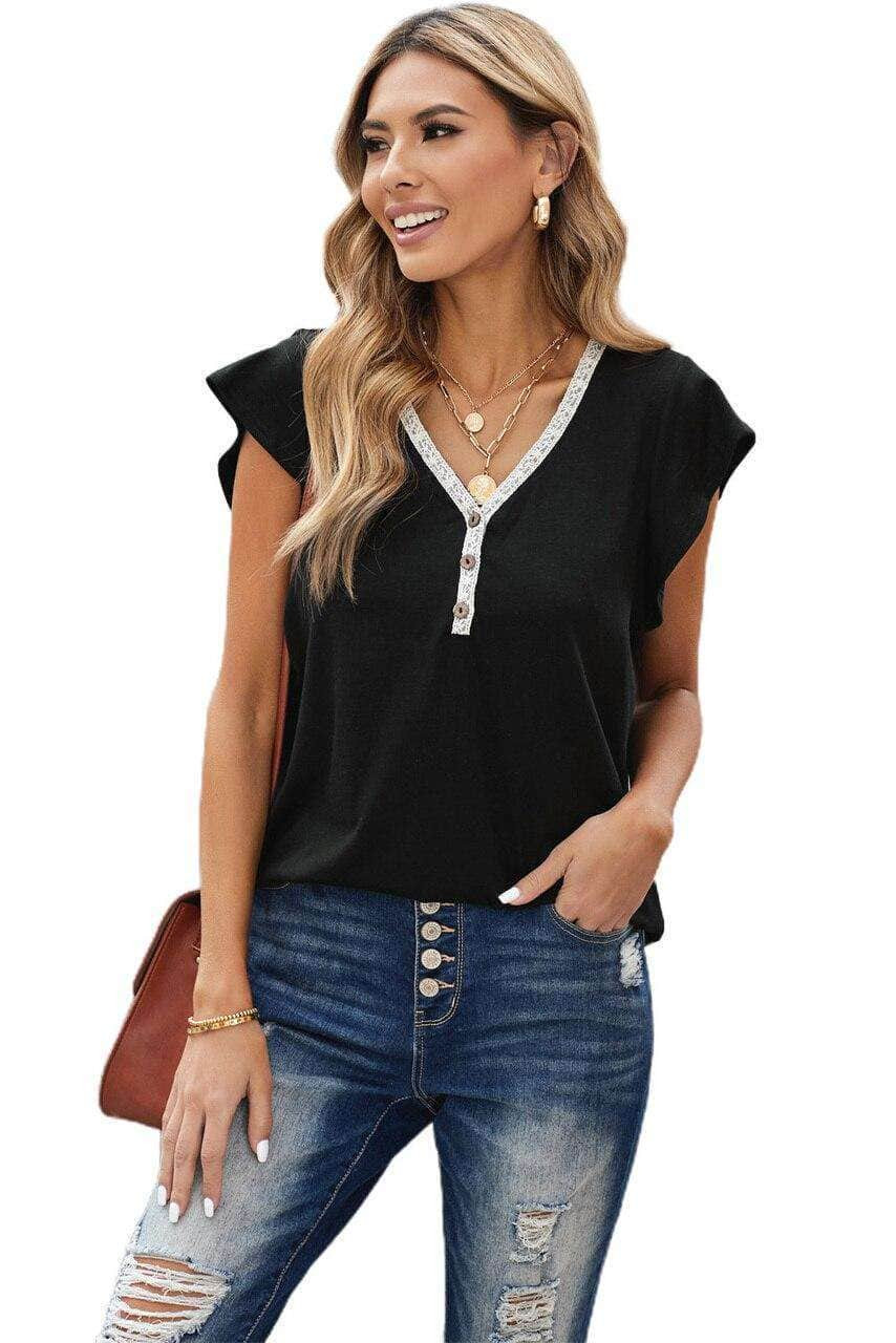 Black V Neck Buttoned Lace Trim Short Sleeve Tee