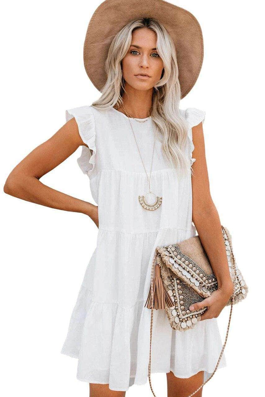 White Pocket Tiered Ruffled Mini Dress
