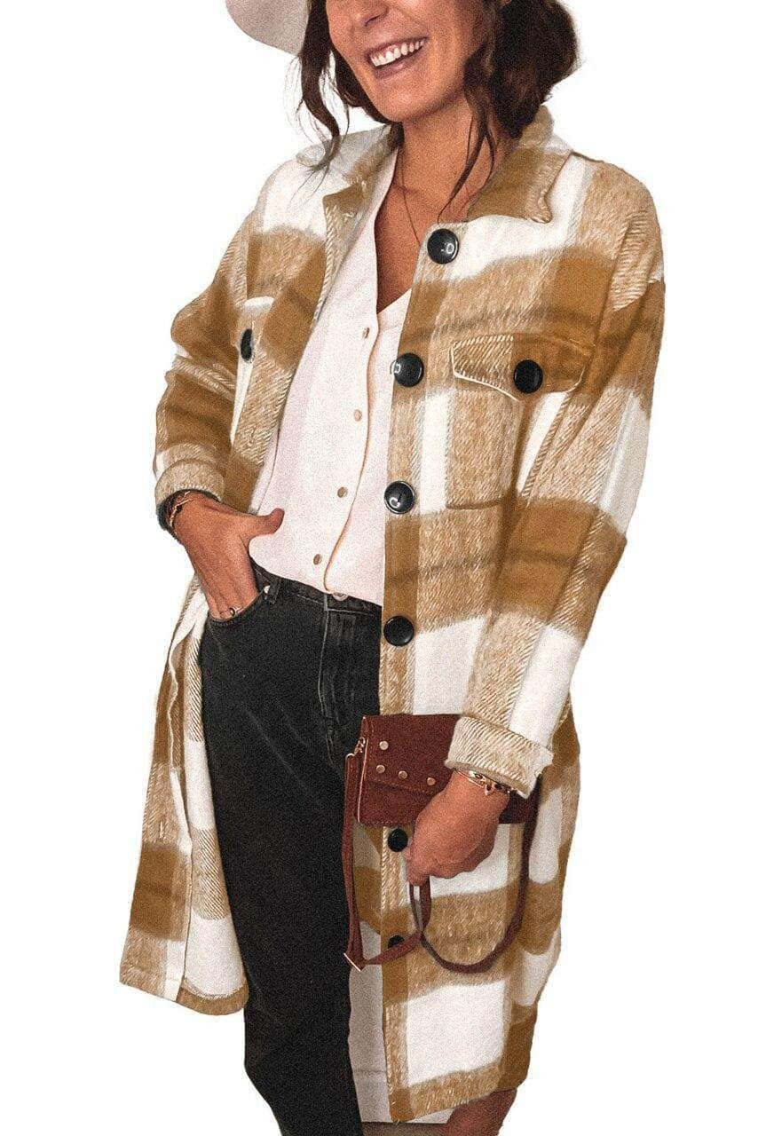 Khaki Shirt Collar Button Closure Plaid Coat