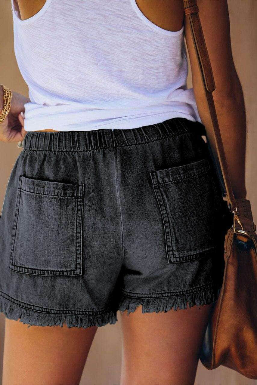 Black Casual Pocketed Frayed Denim Shorts