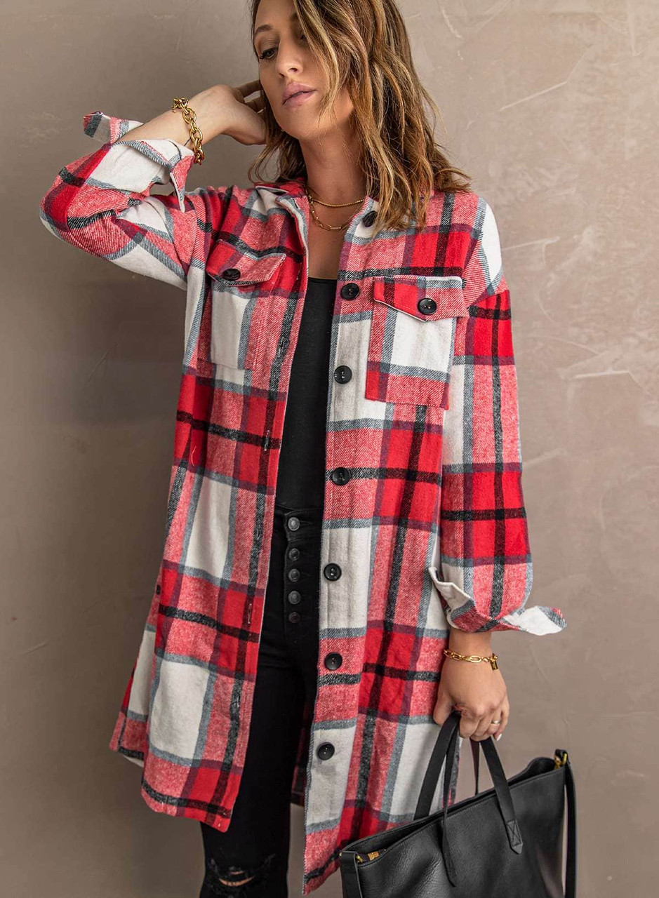 Red Shirt Collar Button Closure Plaid Coat