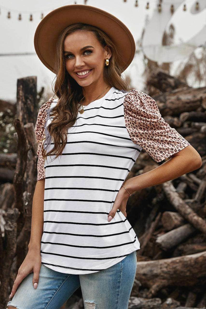 Leopard Ruffle Sleeve Striped T-shirt