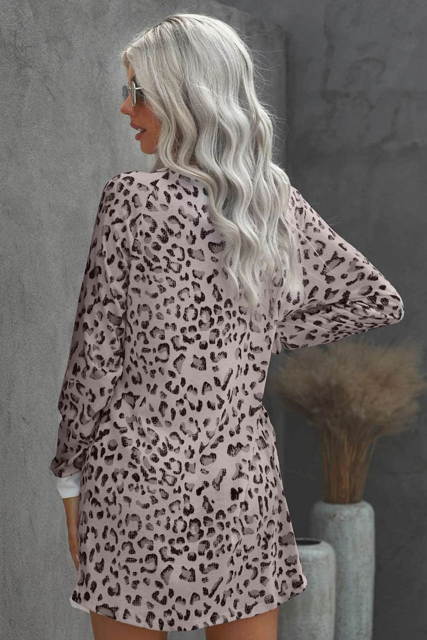 Pink Crew Neck Long Sleeve Leopard Print Mini Dress