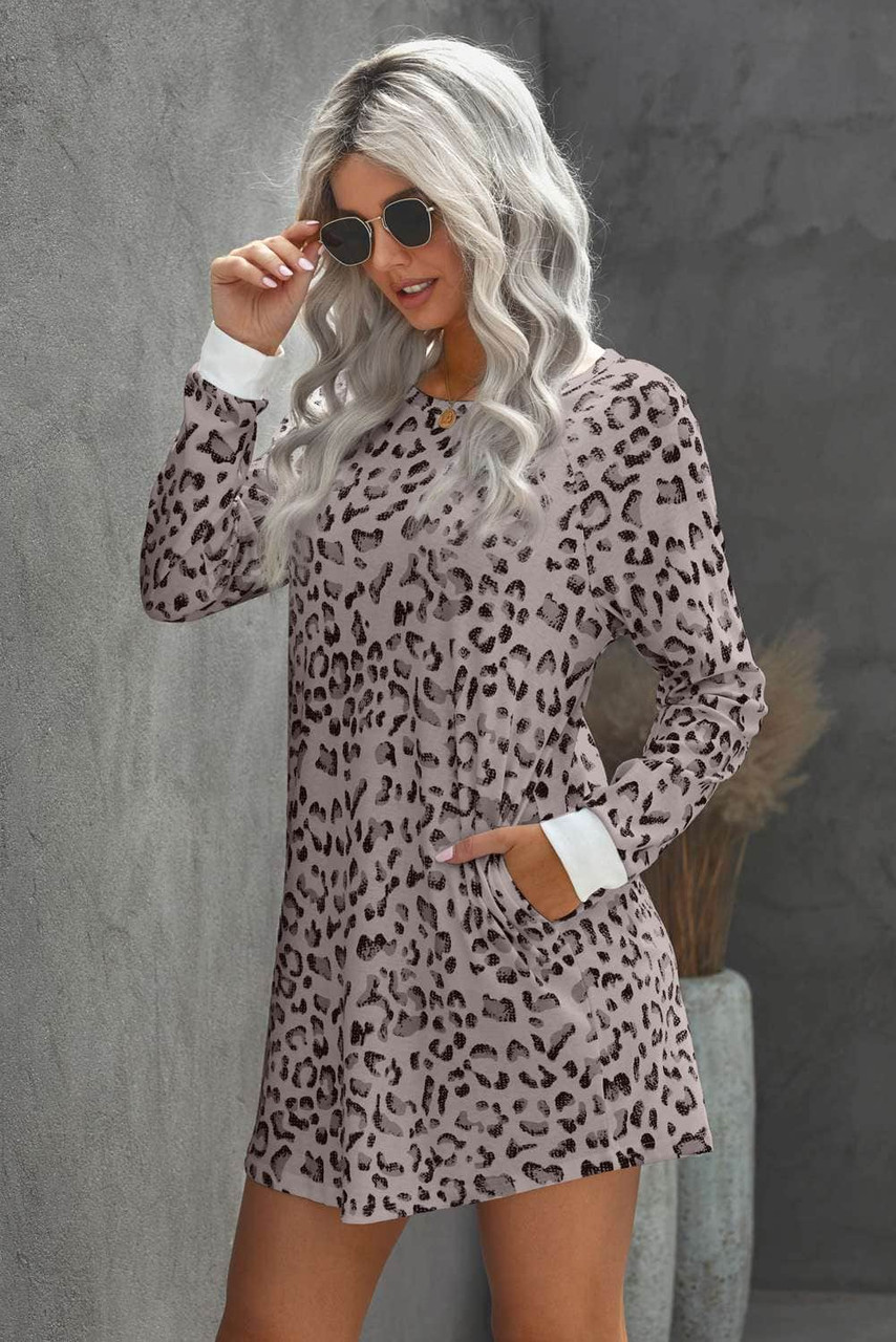 Pink Crew Neck Long Sleeve Leopard Print Mini Dress