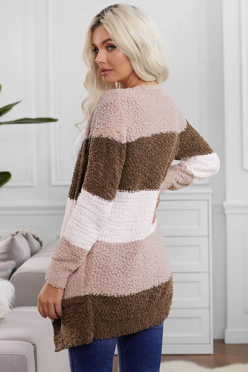 Brown Colorblock Popcorn Knit Cardigan