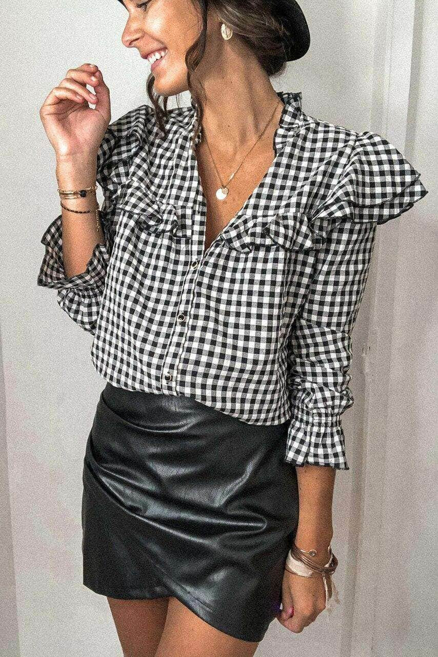 Black Plaid Button Ruffle Shirt