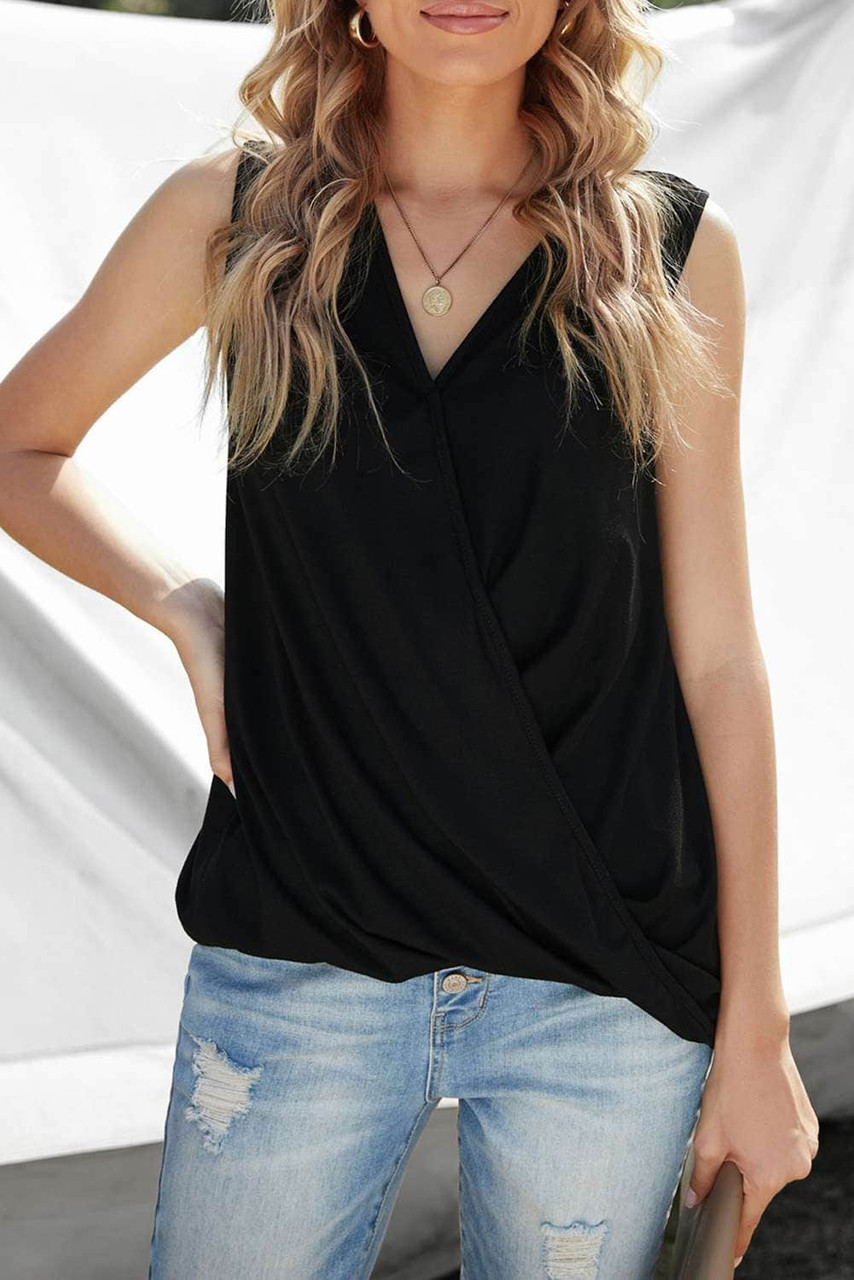 Black V Neck Draped Tank Top