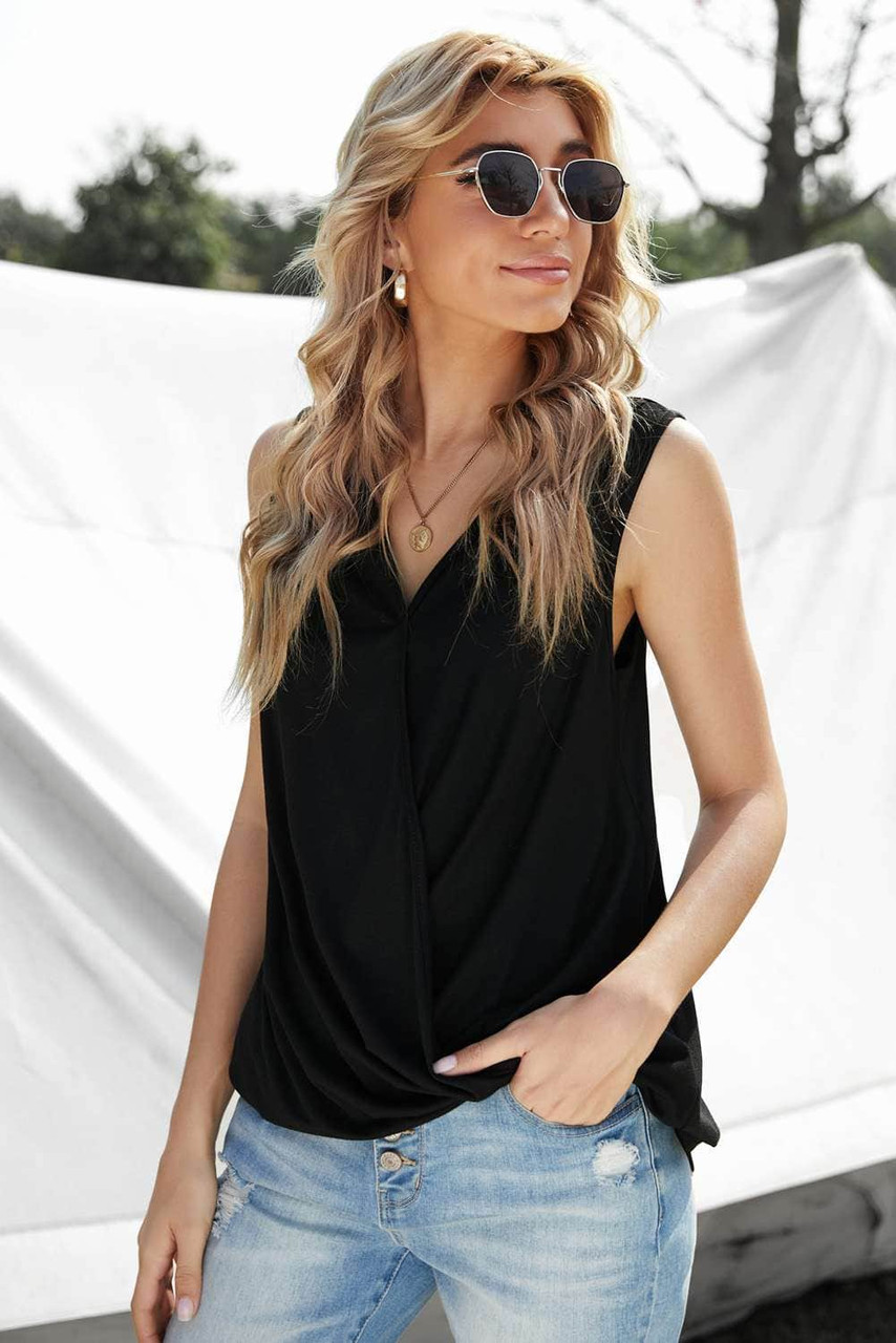 Black V Neck Draped Tank Top