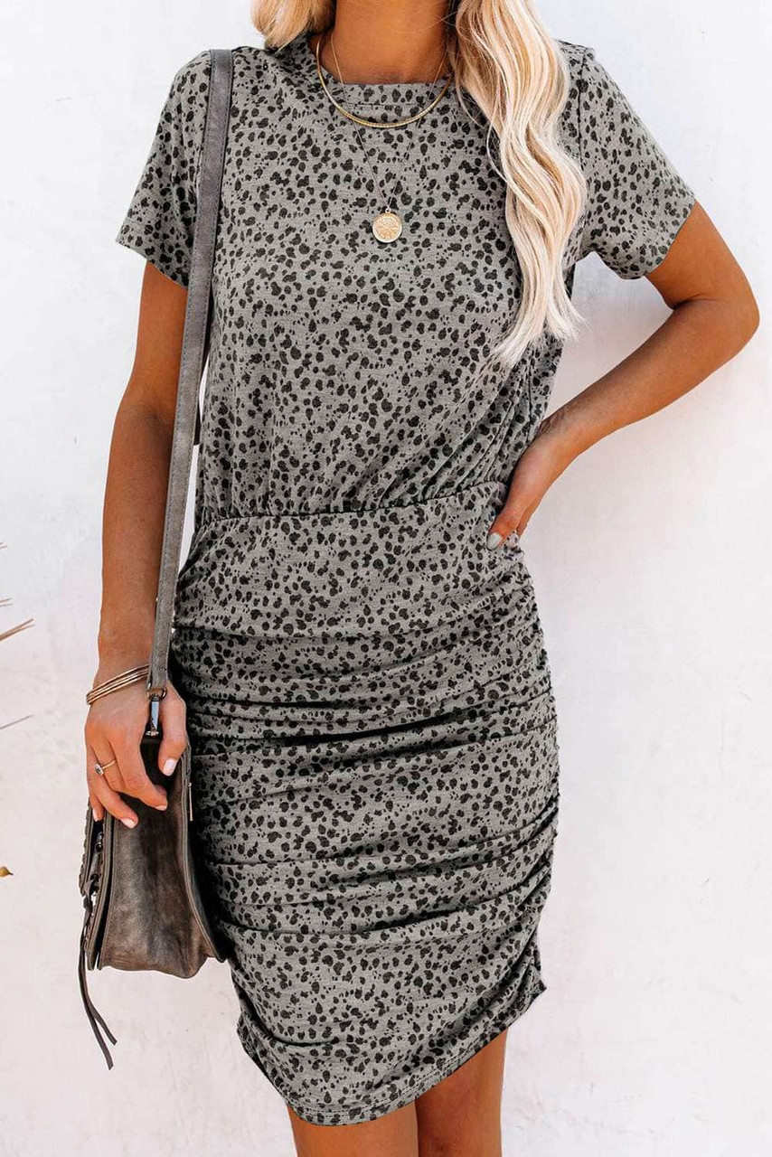 Leopard Short Sleeve Ruched Bodycon Mini Dress