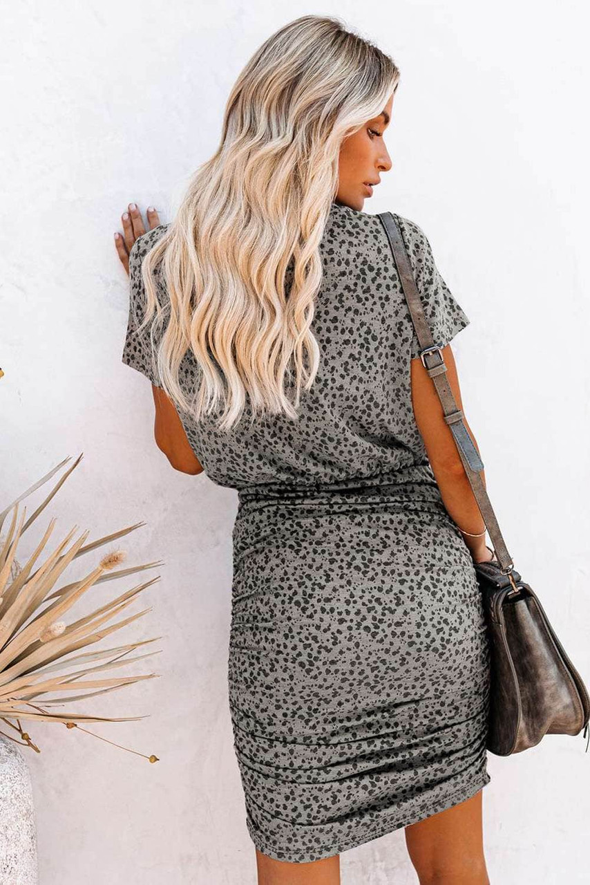 Leopard Short Sleeve Ruched Bodycon Mini Dress