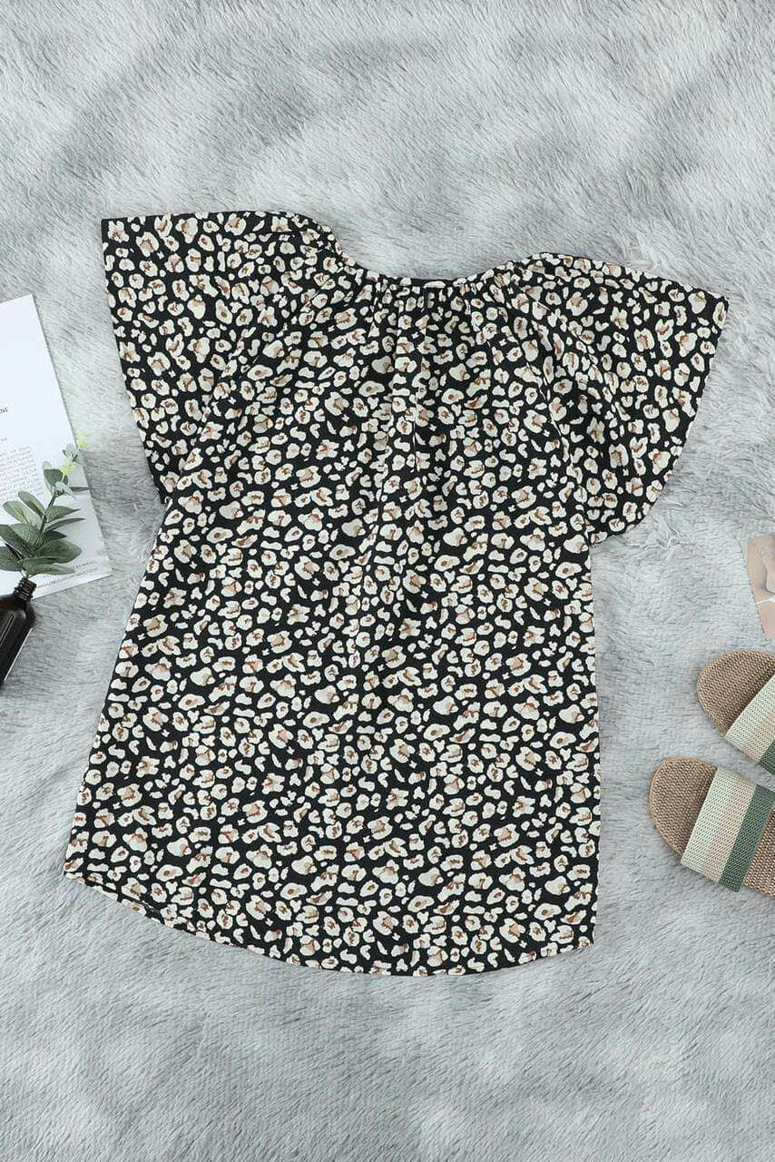 Black V-neck Short Sleeve Fashion Print Fantasy Fluttering Blouse