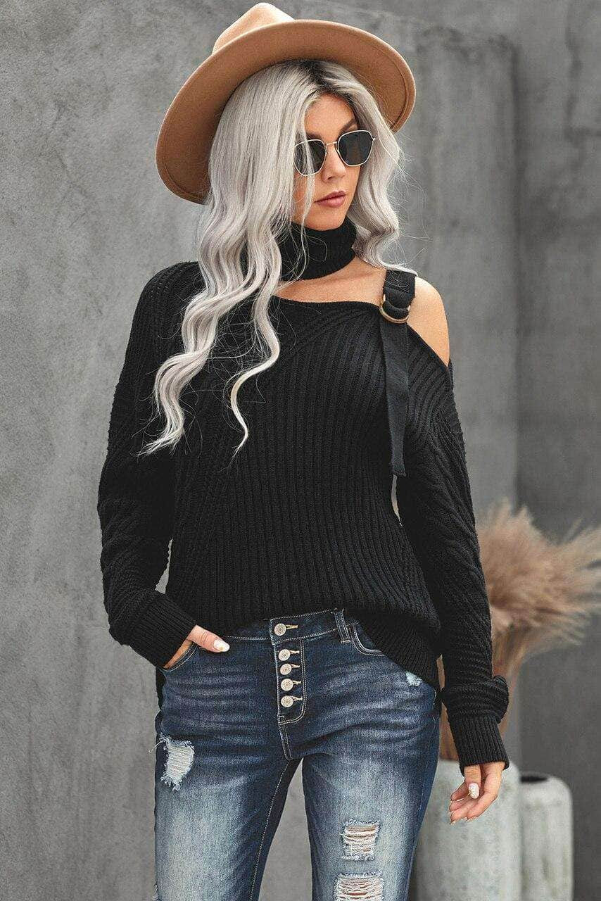 Black Strapped Cut out Shoulder Turtleneck Sweater