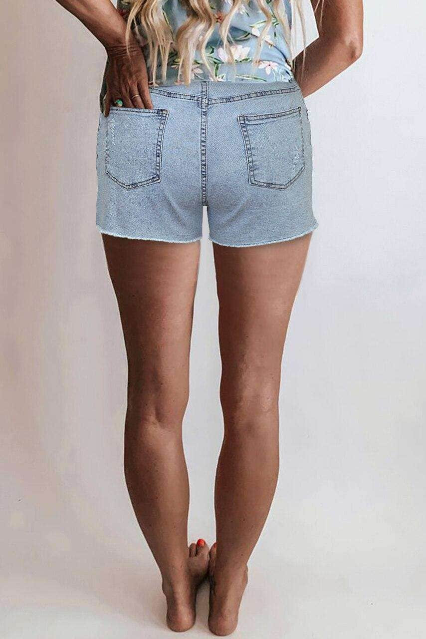 Sky Blue High Rise Destroyed Denim Shorts