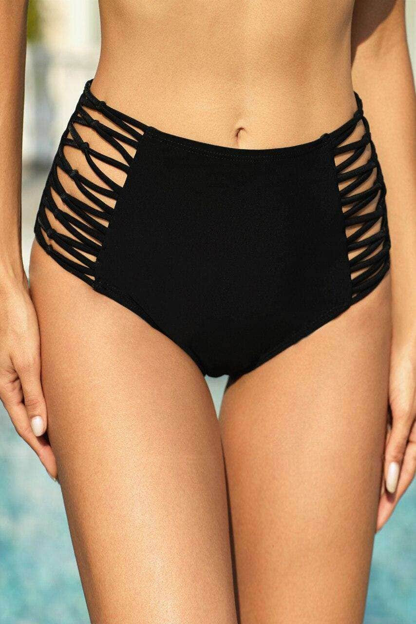 Black Hollow-out Sides High Waist Swim Bottoms