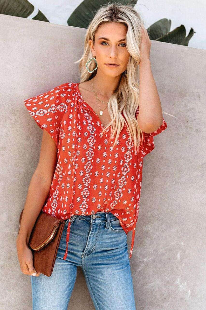 Red V-neck Short Sleeve Fashion Print Fantasy Fluttering Blouse