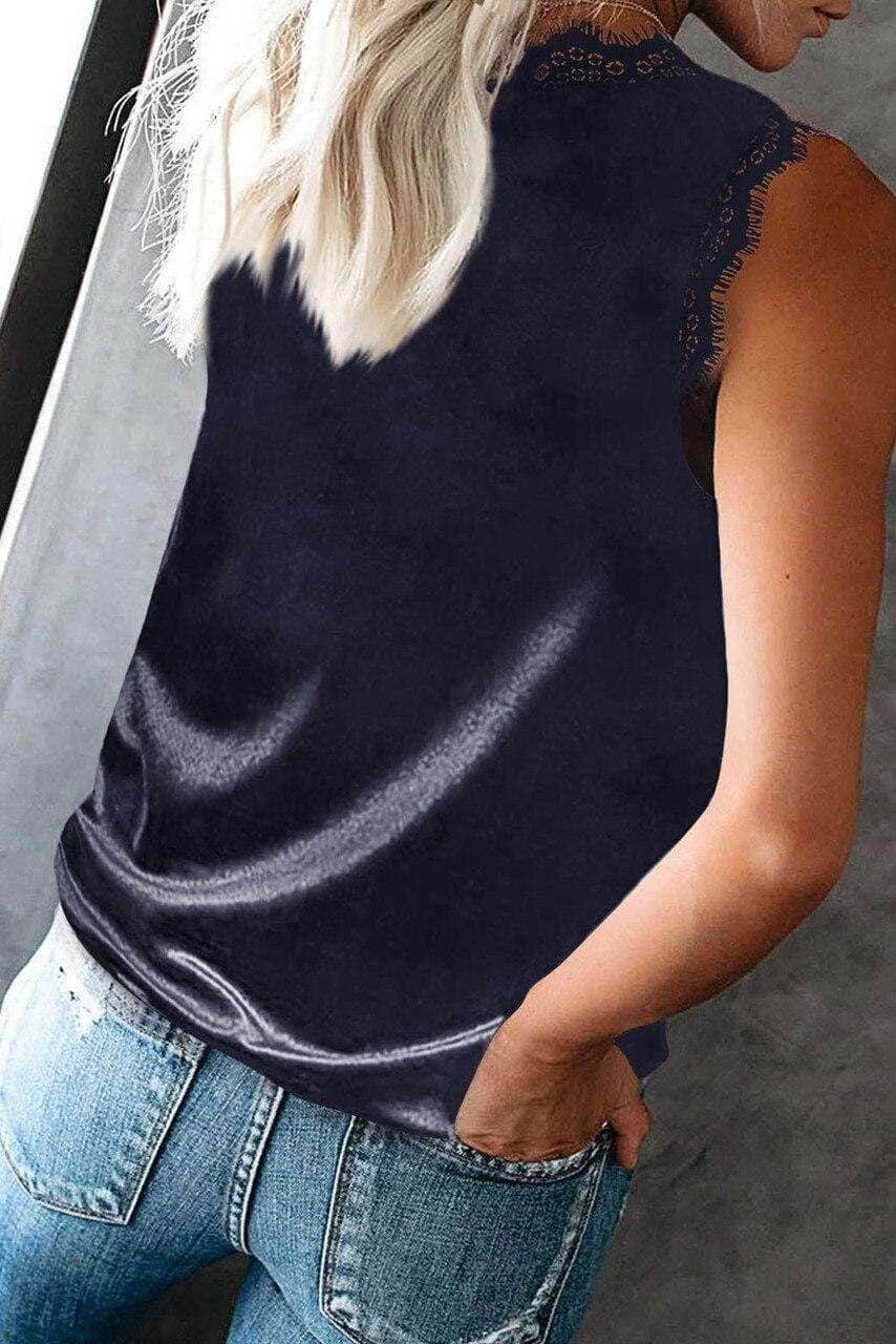 Blue Dressy Eyelash Lace V Neck Tank Top