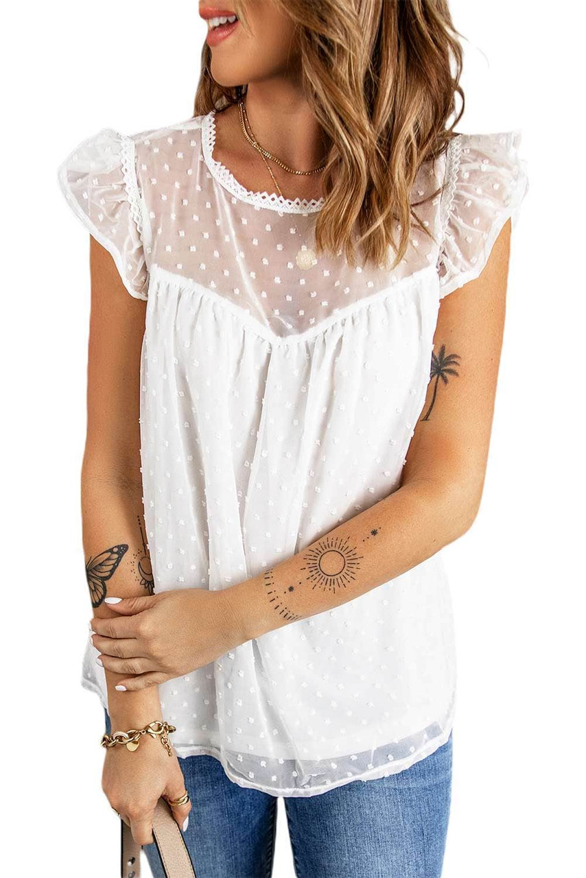 White Polka Dot Lace Ruffled Tank Top