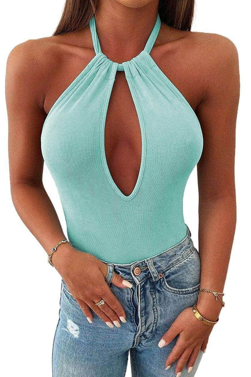 Sky Blue Keyhole Halter Ribbed Bodysuit