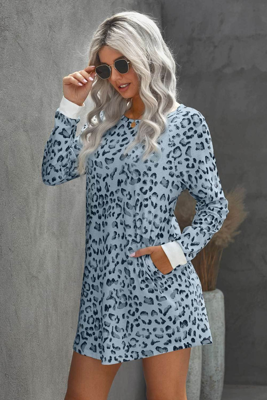 Sky Blue Crew Neck Long Sleeve Leopard Print Mini Dress