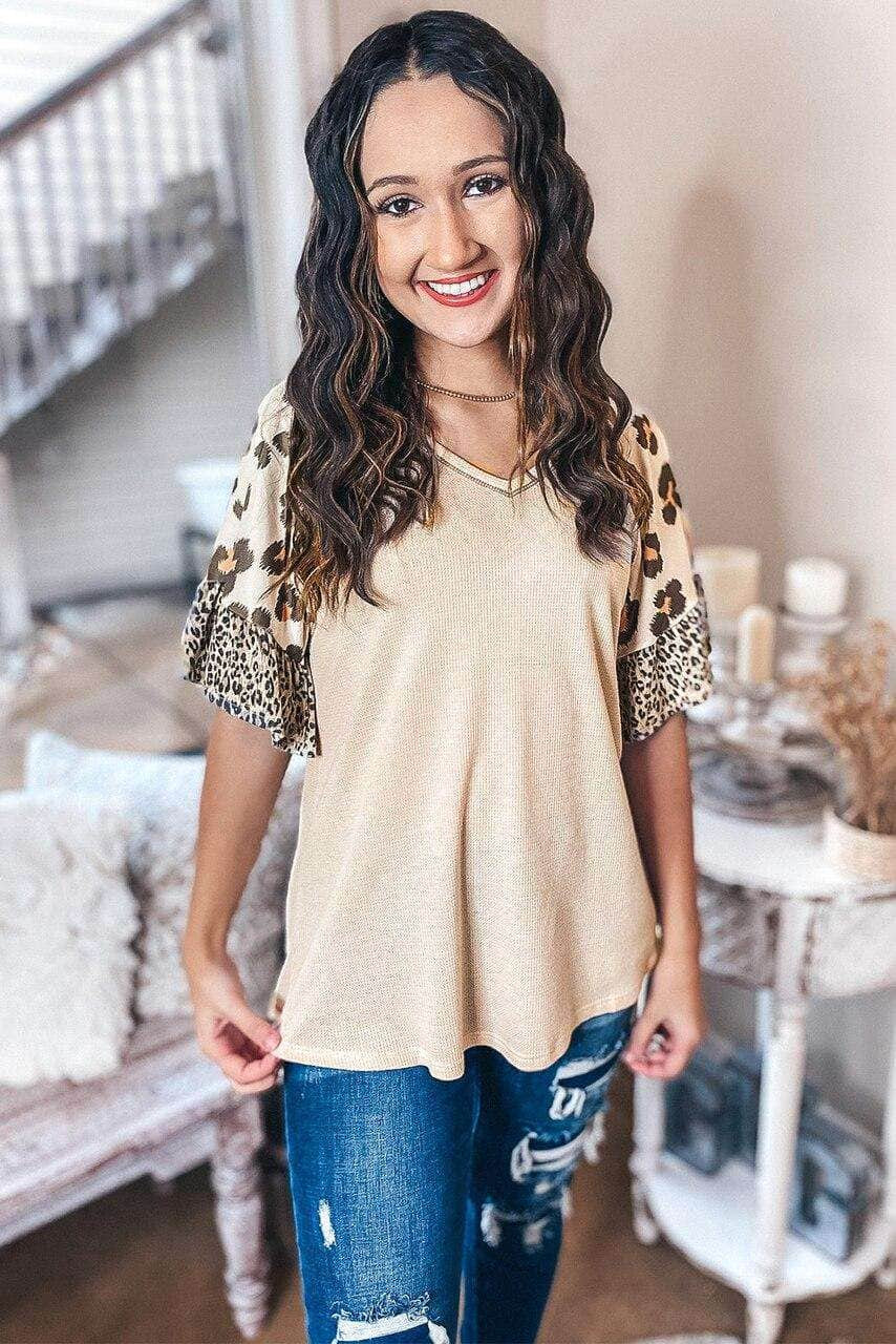 Mixed Leopard Ruffle Sleeve Waffle Knit Top