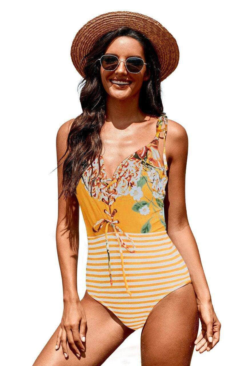 Floral and Striped Lace-up One-piece Swimwear