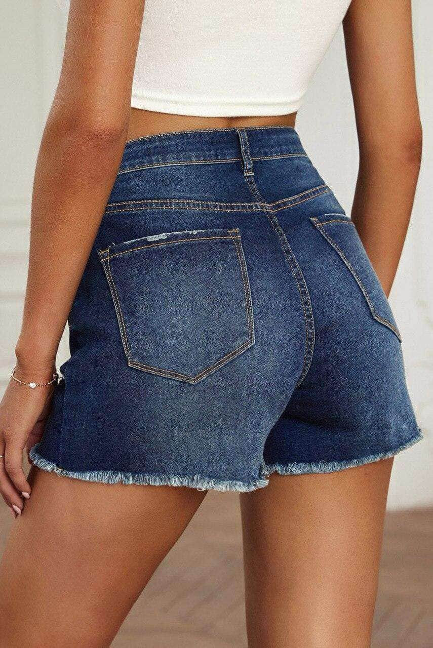 Blue High Waist Frayed Denim Shorts