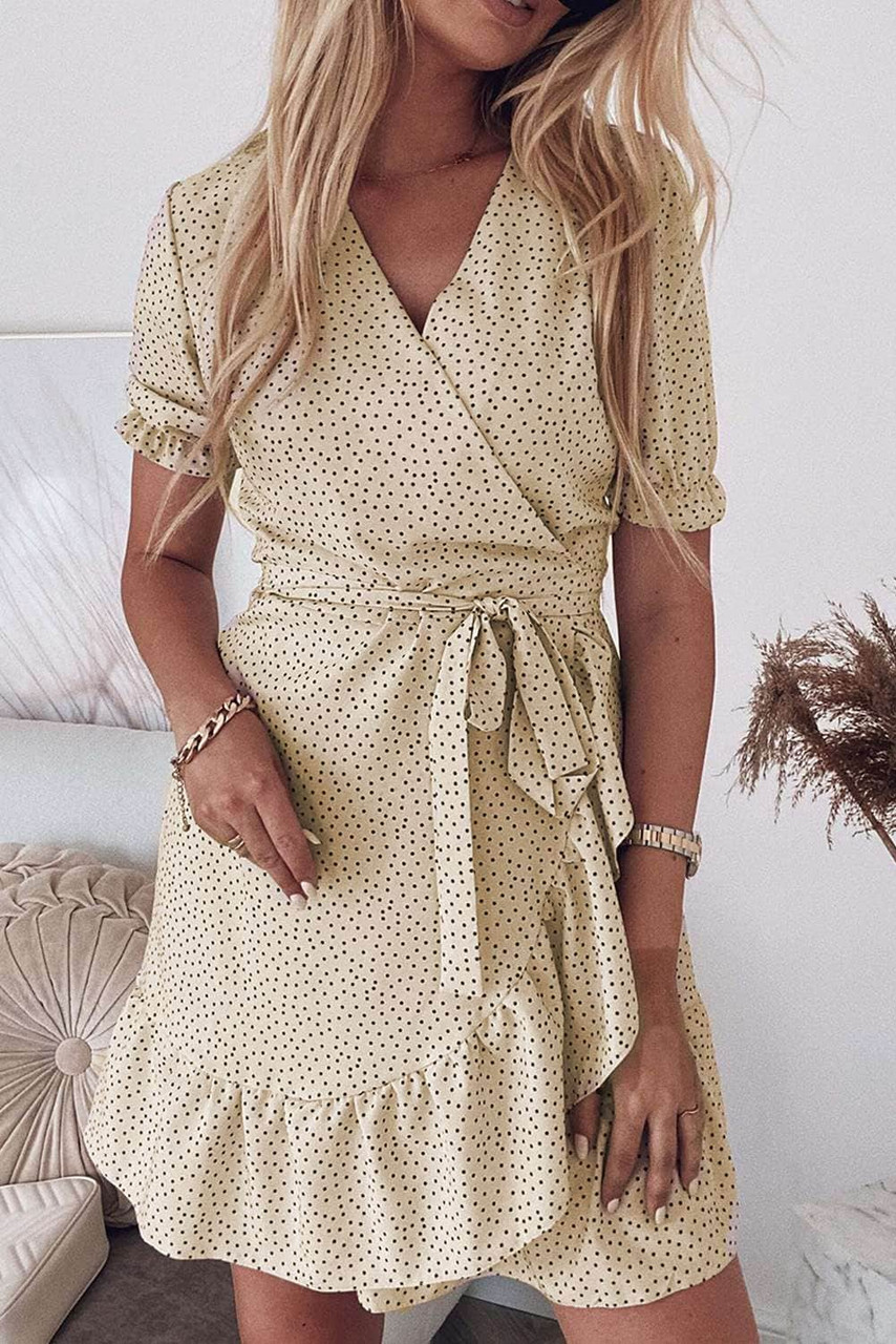 Apricot Bohemian Dotted Print Wrap V Neck Ruffled Mini Dress