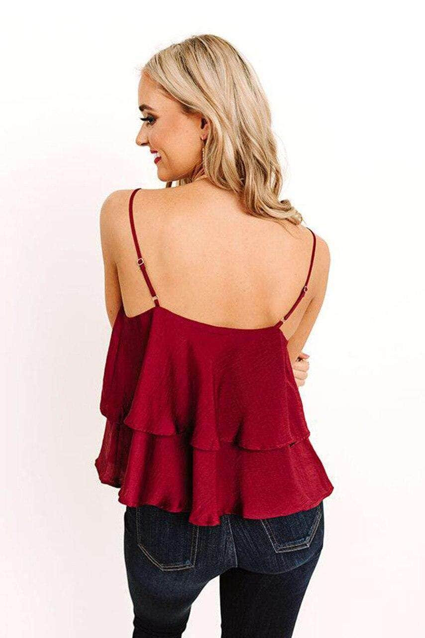 Red Spaghetti Straps Layered Ruffled Tank Top