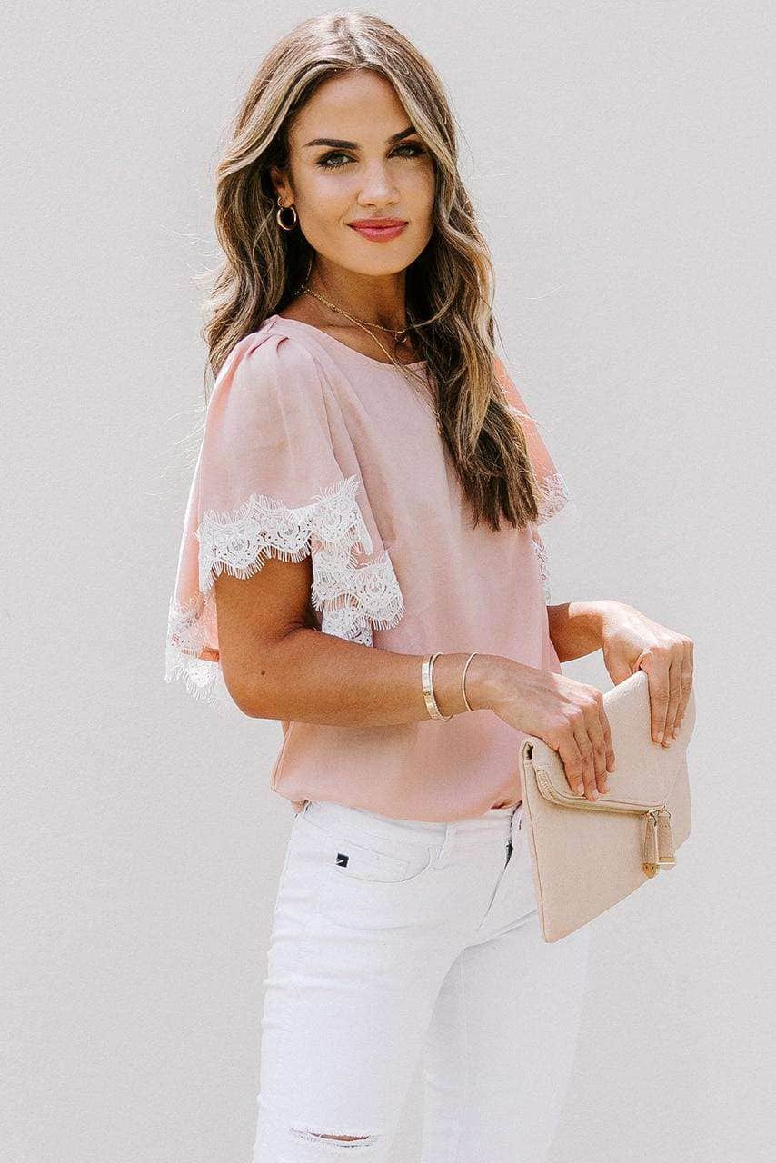 Pink Satin Lace Flutter Sleeve Top