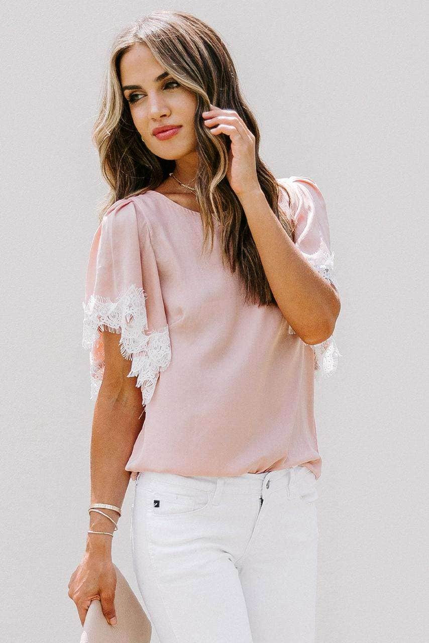 Pink Satin Lace Flutter Sleeve Top