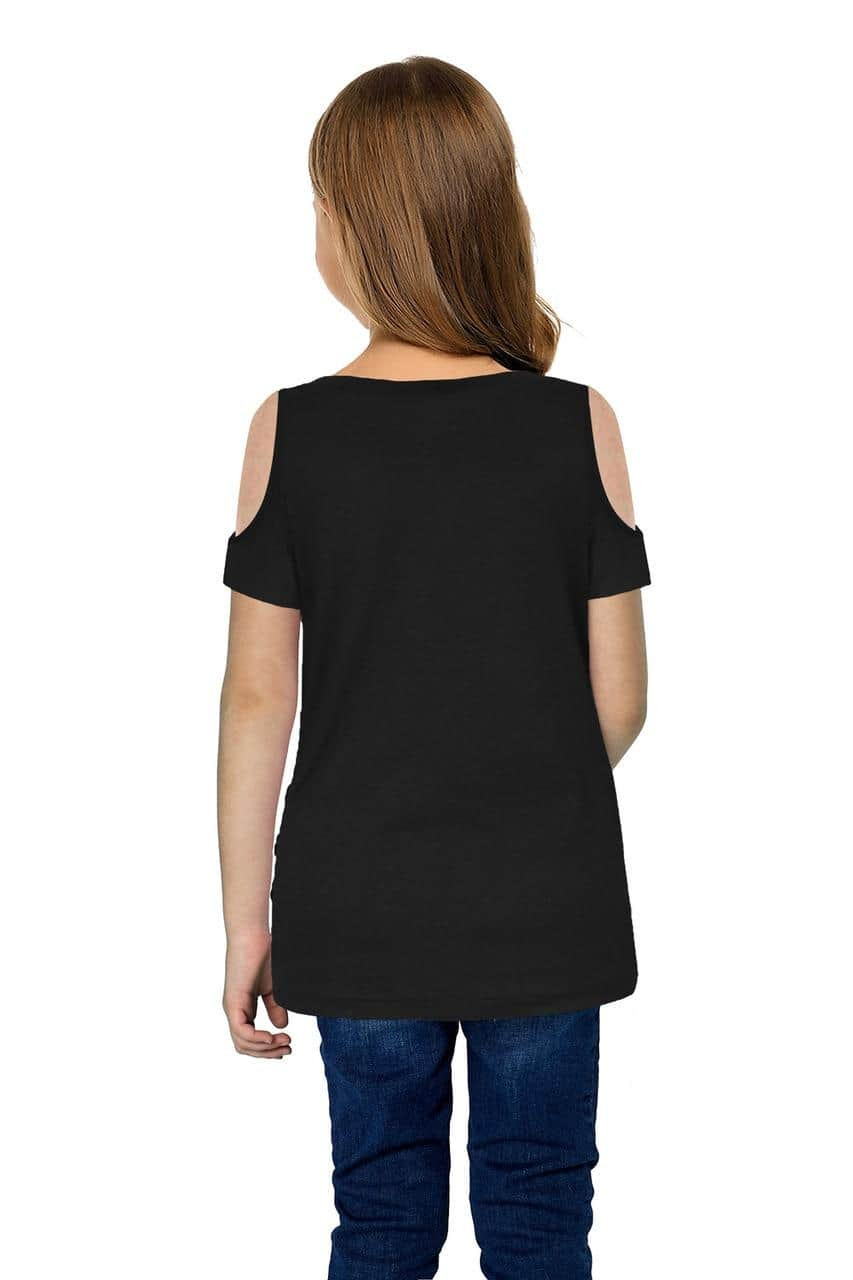 Black Cold Shoulder Twist Girls Short Sleeves Top