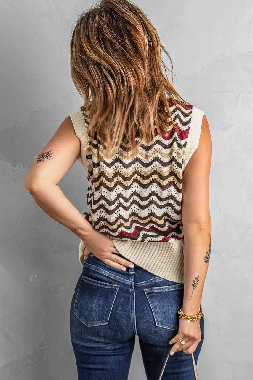 Red Wavy Stripes Knit Vest Pullover Sweater