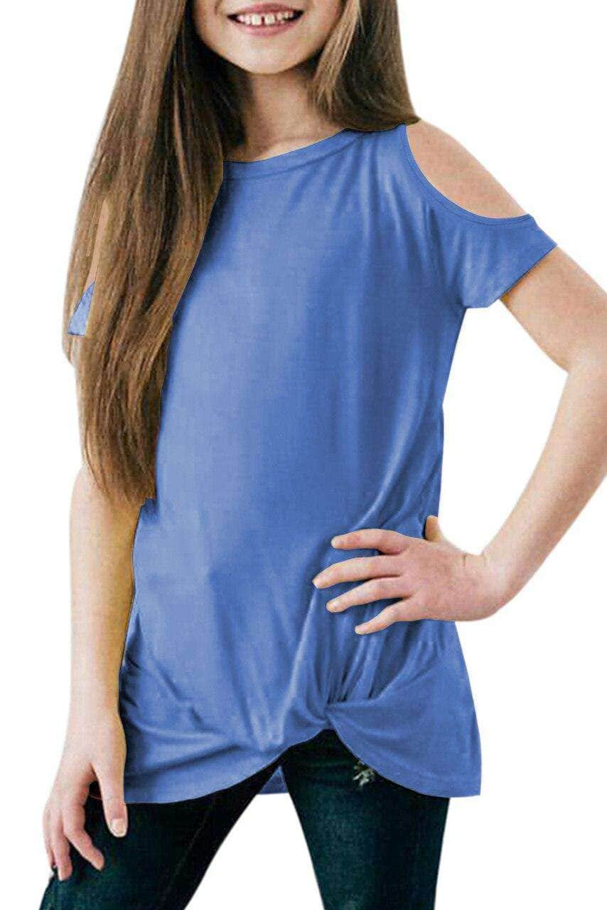 Sky Blue Cold Shoulder Twist Girls Short Sleeves Top