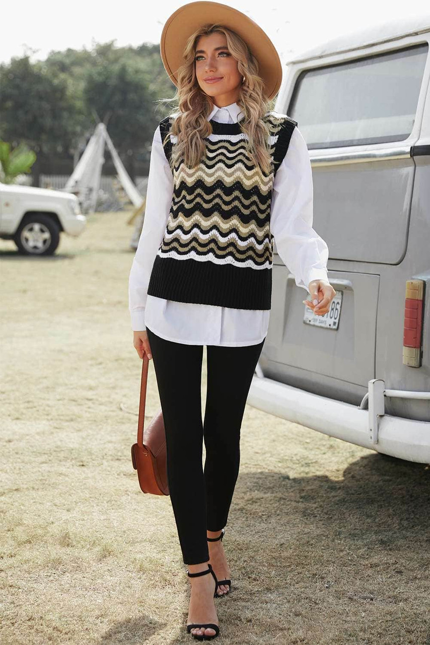Black Wavy Stripes Knit Vest Pullover Sweater