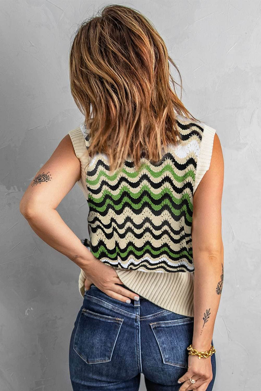 Green Wavy Stripes Knit Vest Pullover Sweater