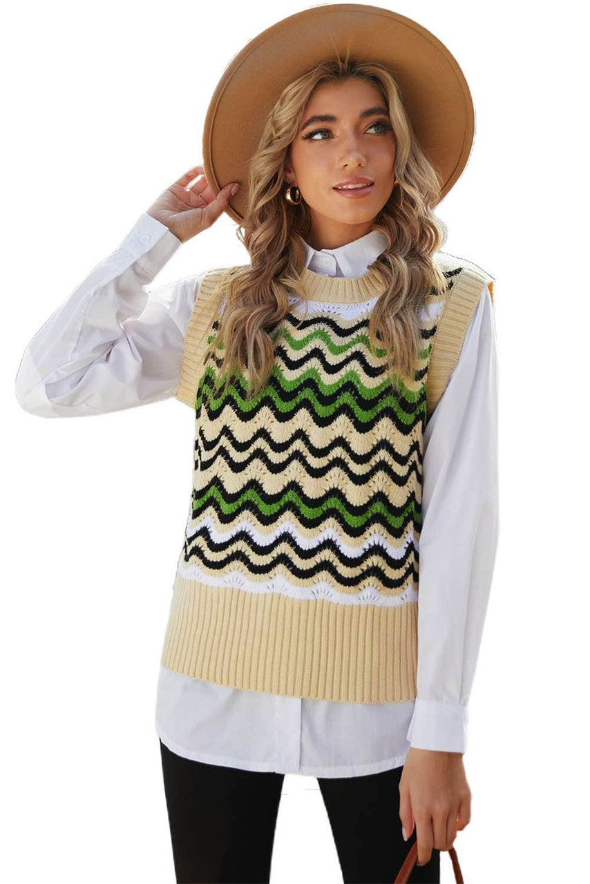 Green Wavy Stripes Knit Vest Pullover Sweater