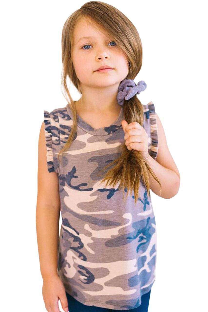 Gray Camo Print Flounced Armholes Little Girls Tank